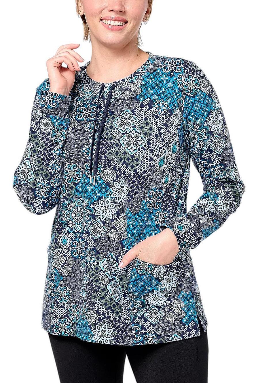 Sport Savvy Women's French Terry Printed Top Drawcord Navy Medallion - Regular